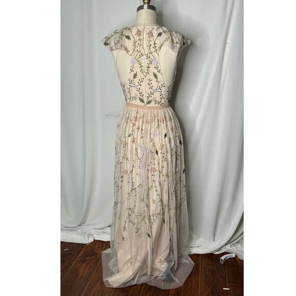 Asos Floral Vine Fairy Garden Embroidered Sequin Mesh Sheer Maxi Dress Size 4 - Picture 3 of 6